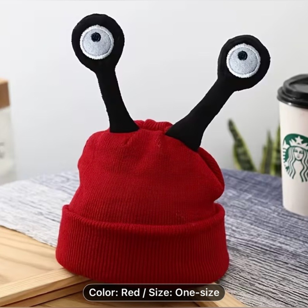 New Red Novelty Beanie Hat with Cartoon Inspired Eyes or Antenna One Size